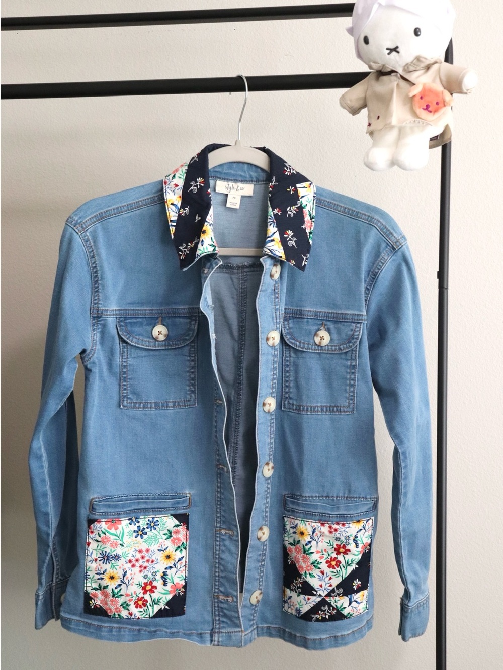 Style & Co. Light Blue Denim Jacket with Navy Floral Trim